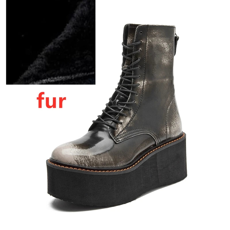 Genuine Leather High Heel Platform Winter Ankle Boots