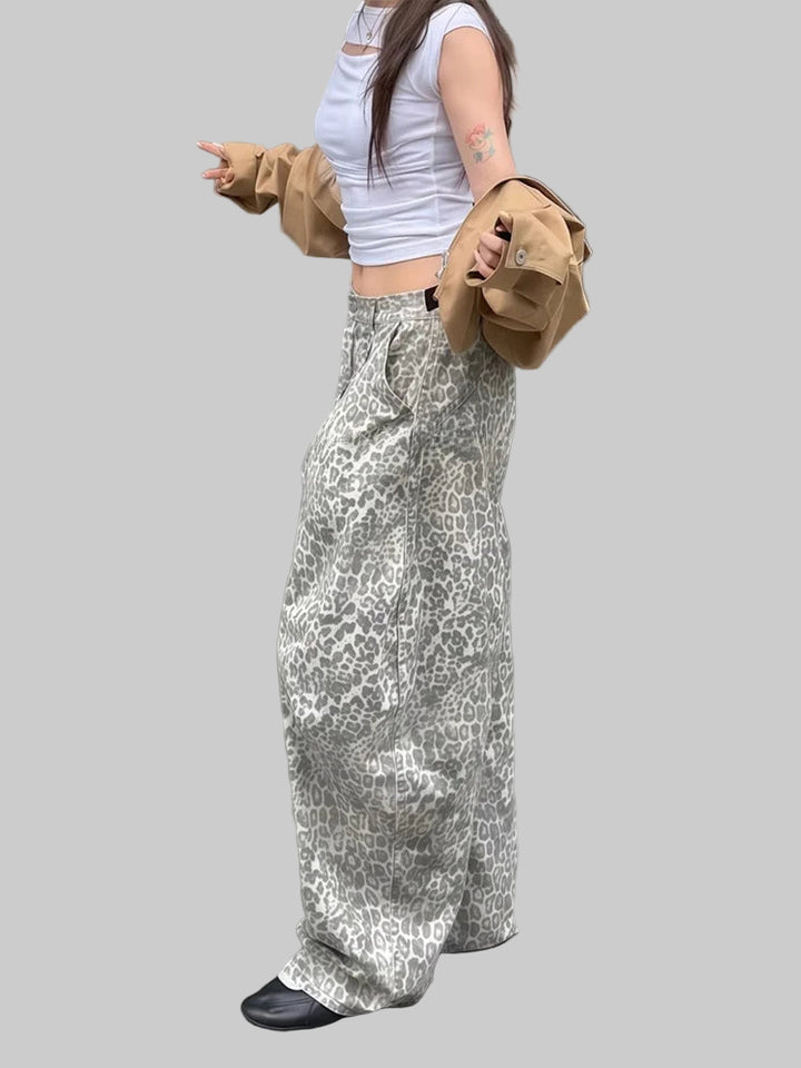 American Retro Stitching Leopard Print Pants