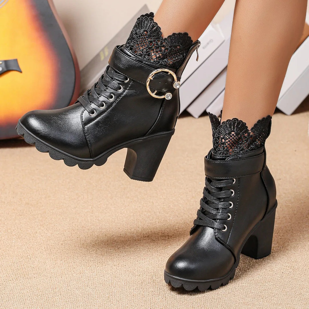 Lace-Up Ruffle Chunky Heel Ankle Boots