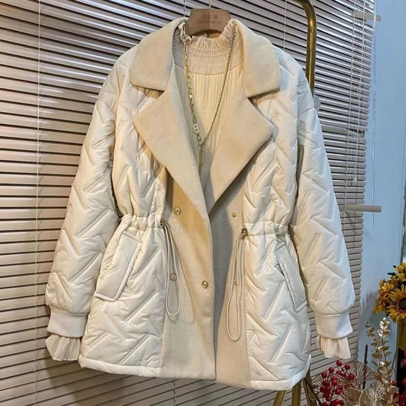 Long Oversized Lapel Elastic Waist Down Cotton Parka Jacket