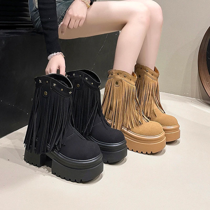 9CM Platform Tassels Chunky Boots