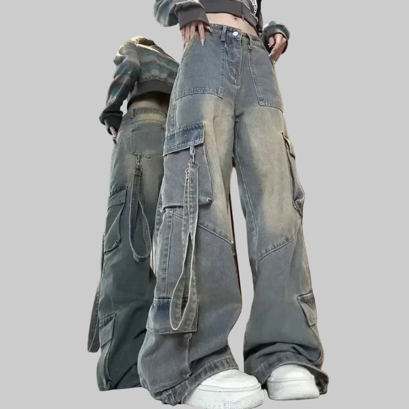Distressed Washed Cargo Jeans with Spliced Pockets