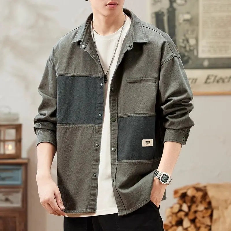 American Retro Workwear Patchwork Shirt Coat