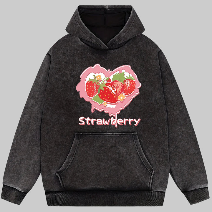 Y2K Heart Strawberry Print Washed Hoodie Streetwear