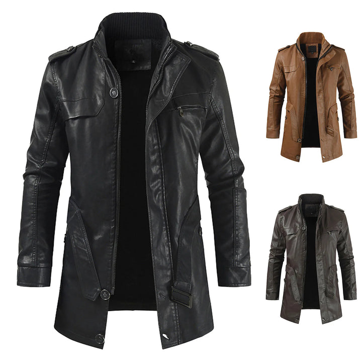 Mid-Length Detachable Hood Lightweight Plush Lined Leather Coat