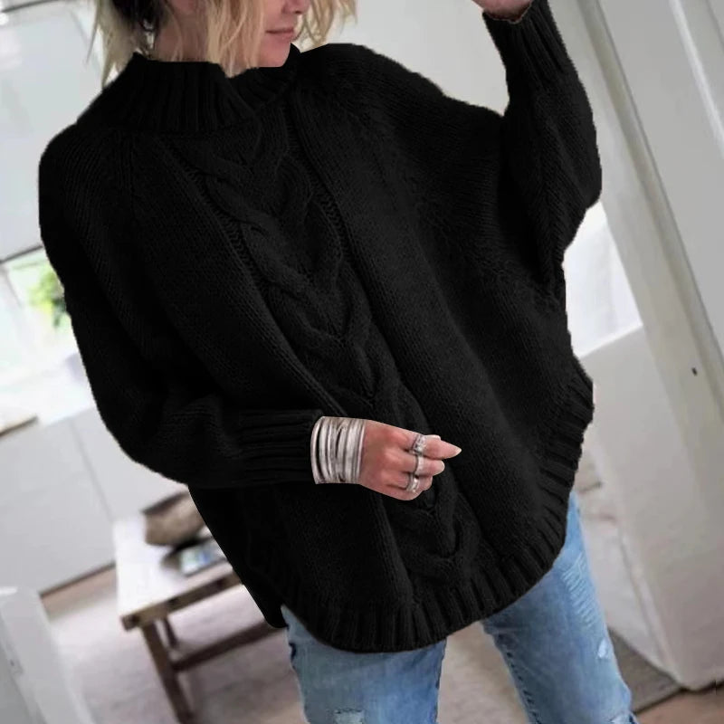 Retro Loose Fit High Neck Cable Sweater