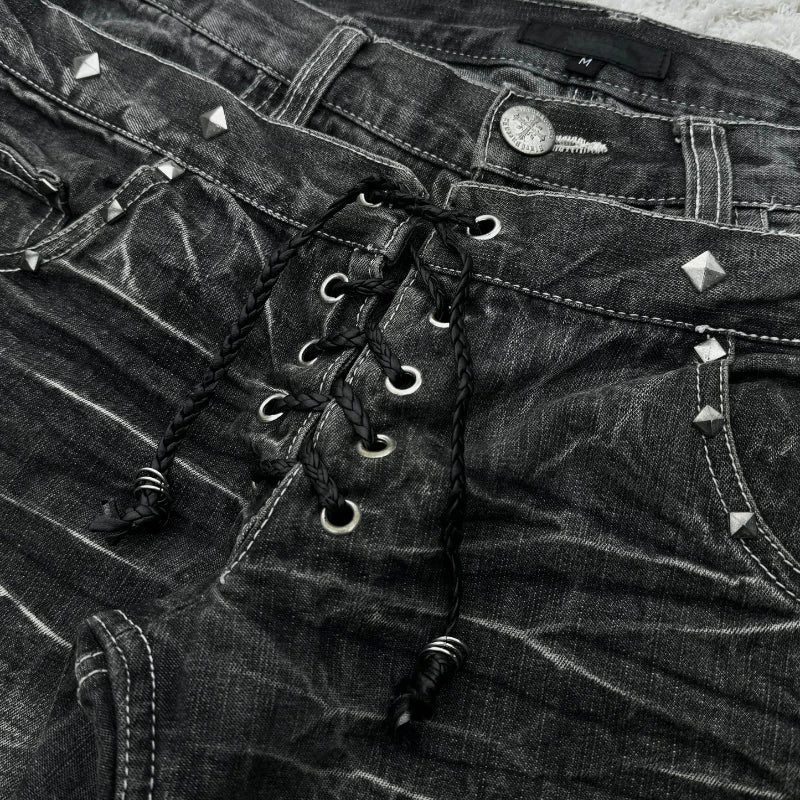 Washed Unisex Gothic Micro Flared Lace-Up Jeans