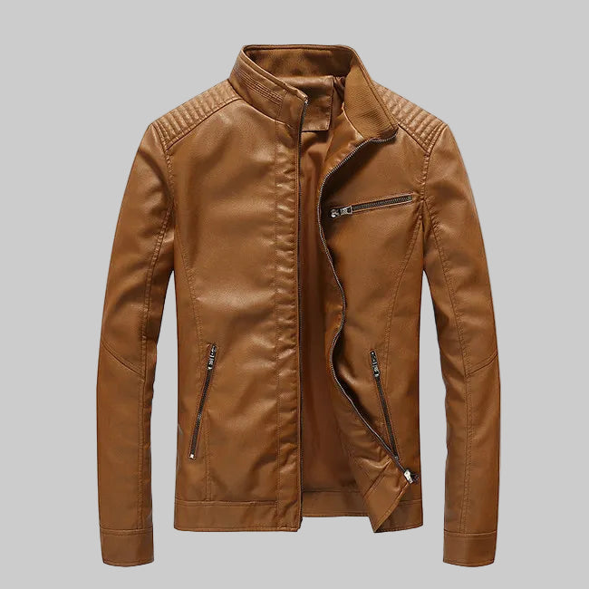 Slim Fit PU Leather Stand Collar Motorcycle Jacket