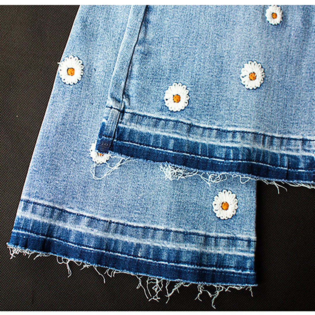 Chic Women's Daisy Embroidered Flared Denim Pants