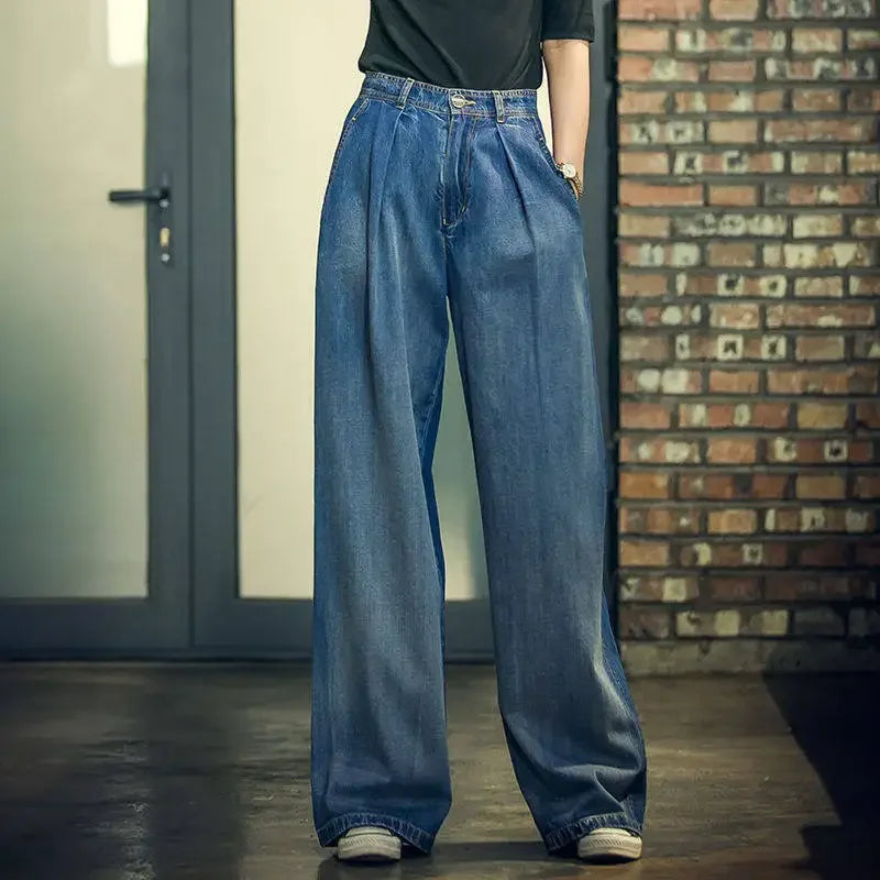 Retro High-Waisted Distressed Wide-Leg Jeans