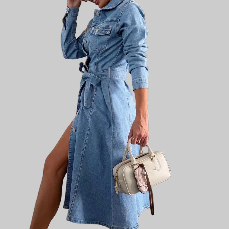 Casual Long Sleeve Solid Slim Midi Dress with High Waist