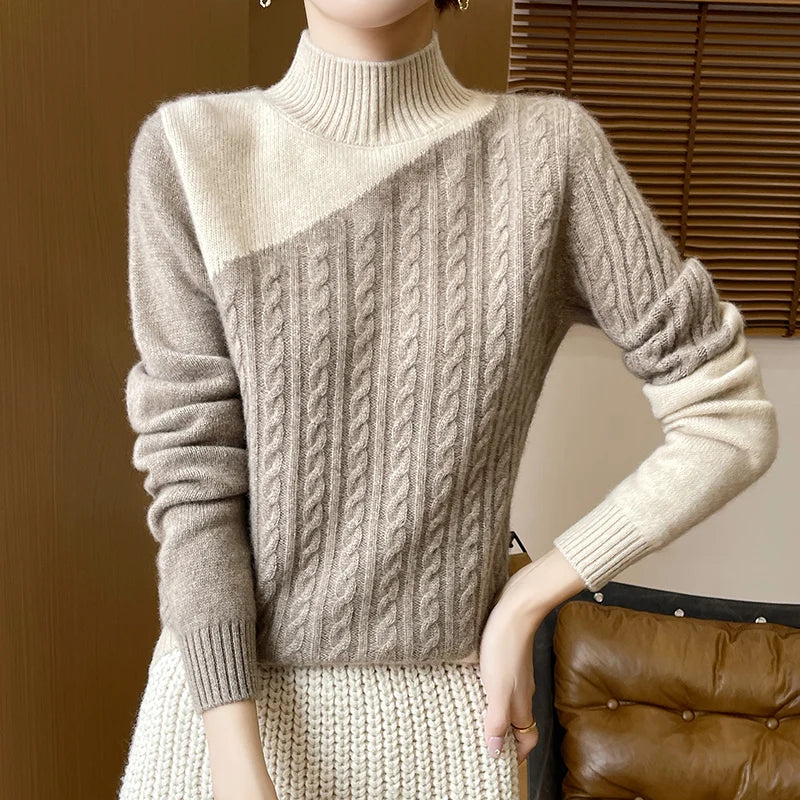 100% Merino Wool Color-Blocked Mock Neck Pullover Sweater