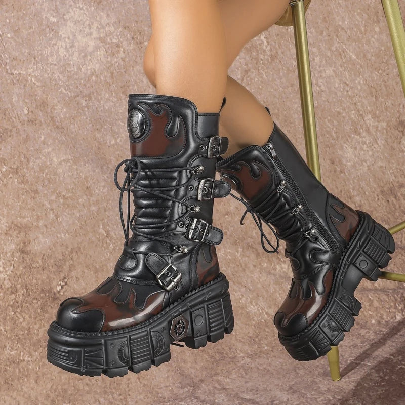 Punk Platform Belt Buckle Flame Boots