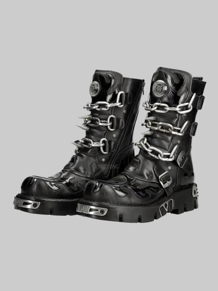 Punk Goth Skull Mid-Calf Motorcycle Boots