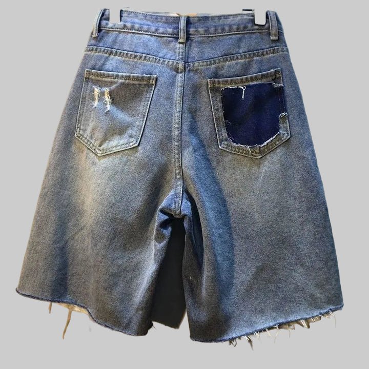 High-Waisted Distressed Denim Shorts with Diamond Accents