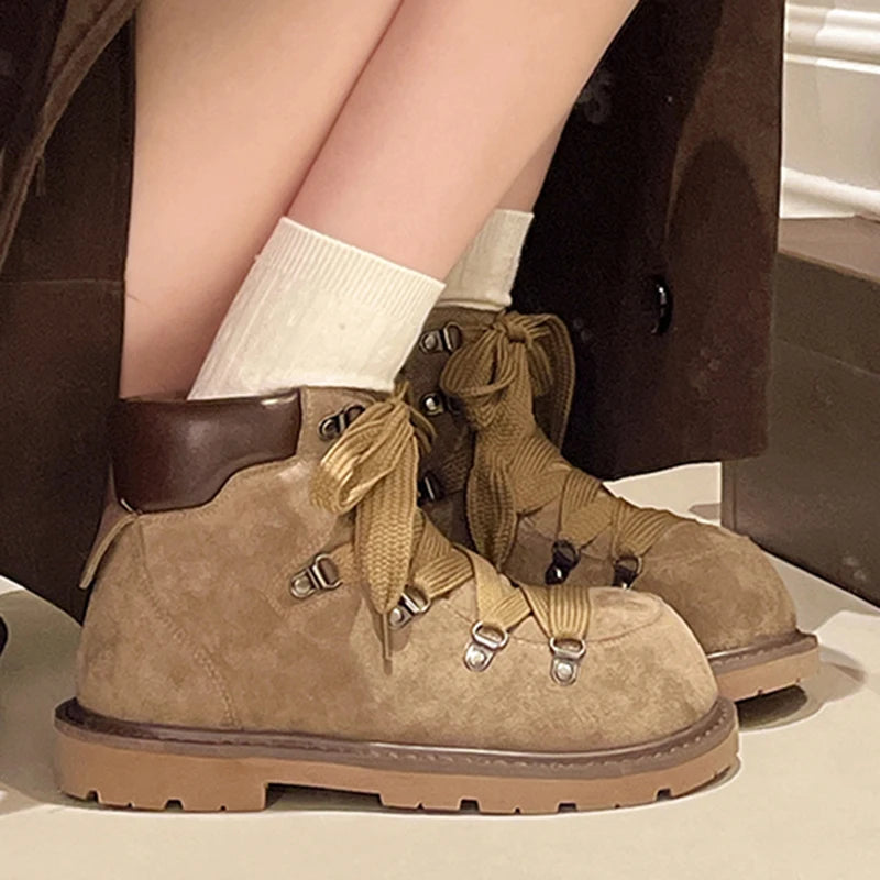 Lace Up Suede Western Platform Boots