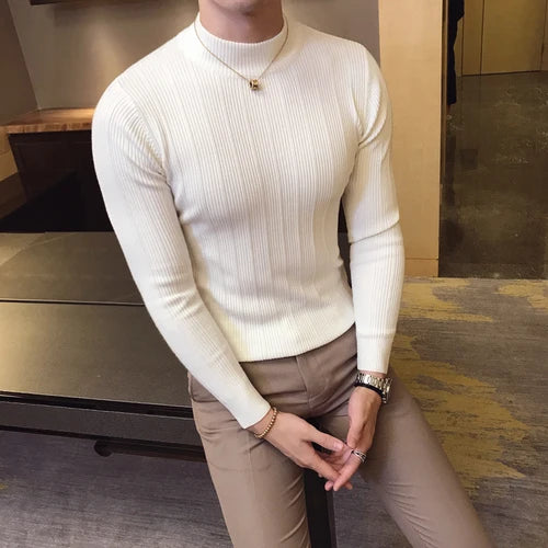 Slim Fit Striped Knit Turtleneck Sweater