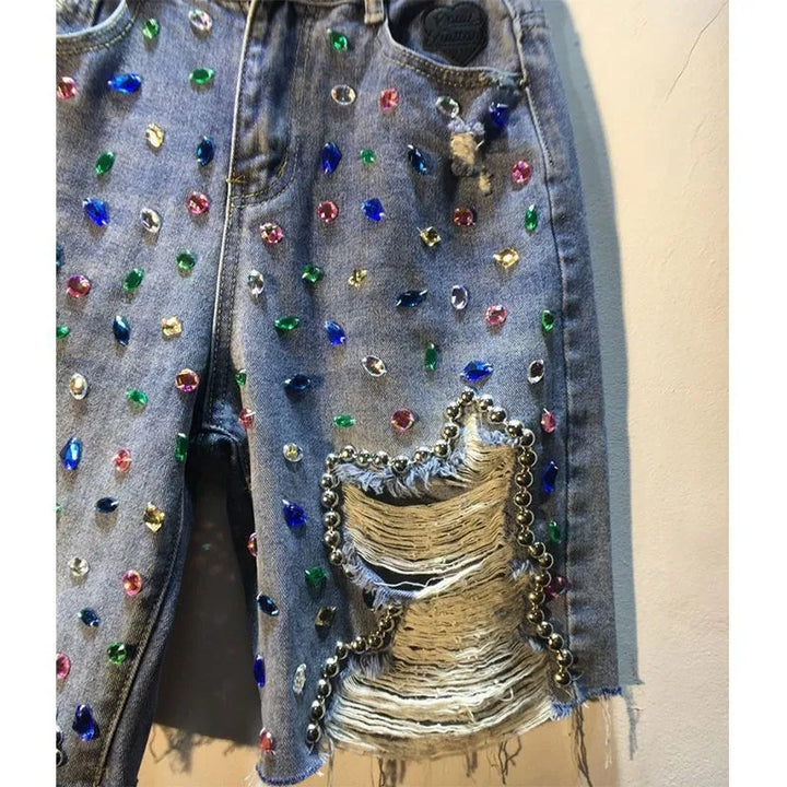 High-Waisted Distressed Denim Shorts with Diamond Accents