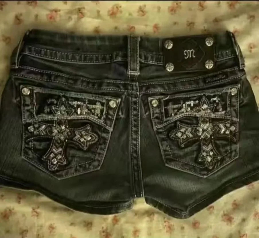 Hip hop pocket print loose Y2K denim shorts