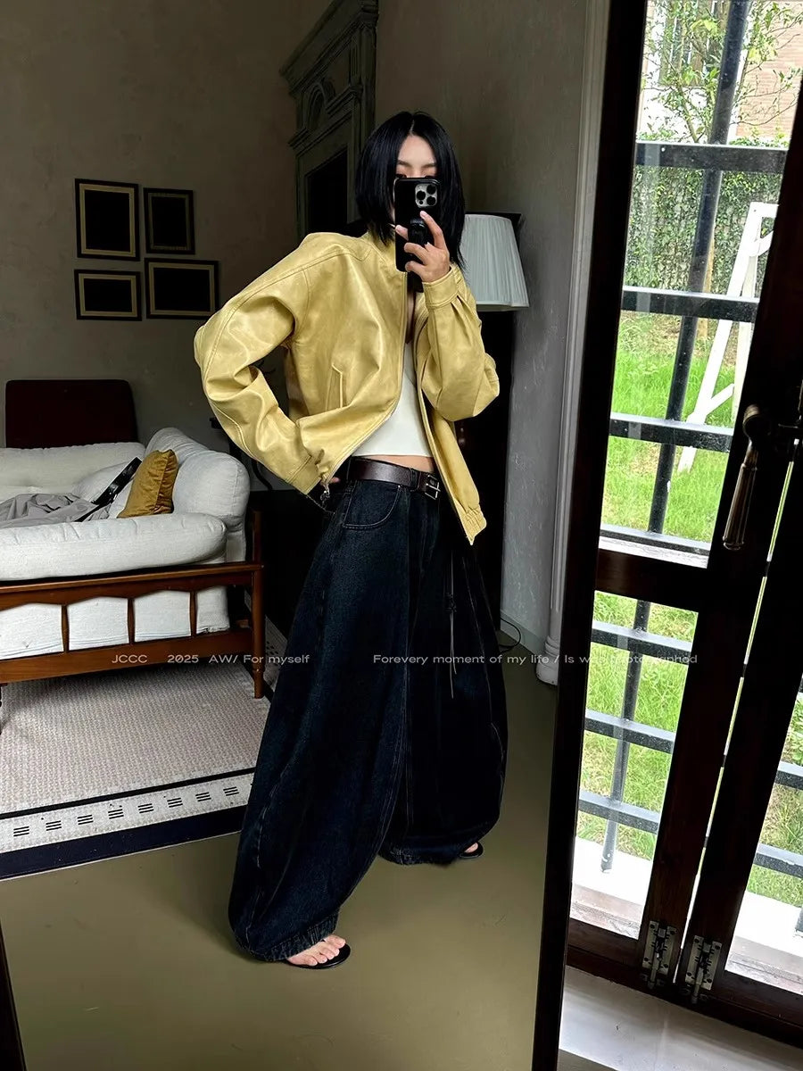 American Distressed Yellow PU Leather Jacket