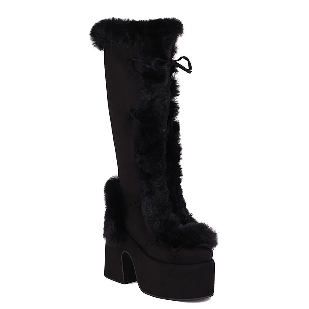 Y2K Punk Faux Fur Chunky Platform Gothic High Heel Boots