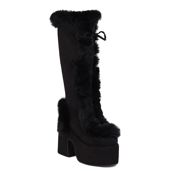 Y2K Punk Faux Fur Chunky Platform Gothic High Heel Boots