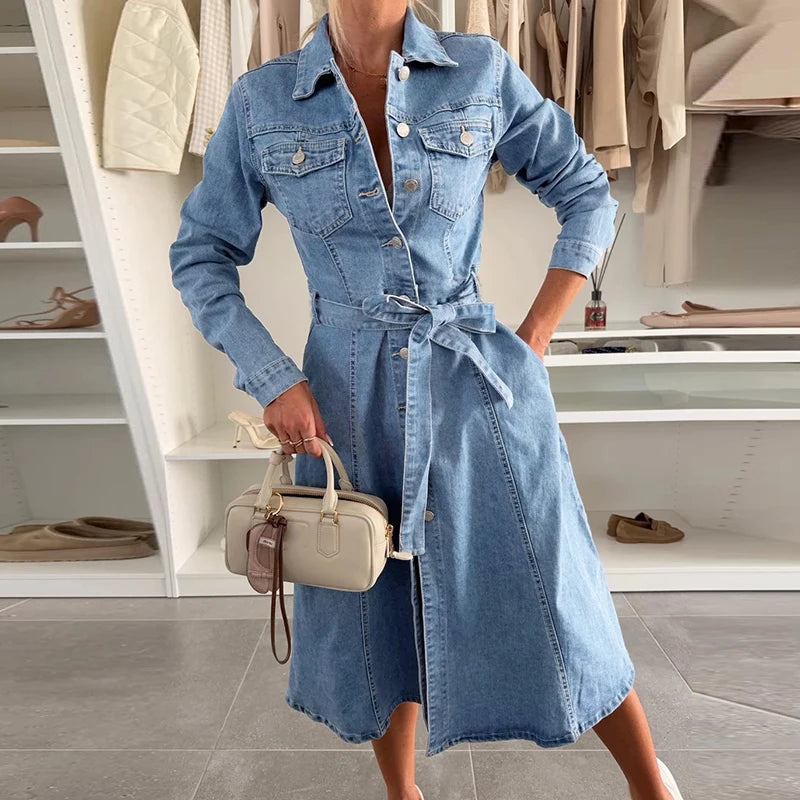 Casual Long Sleeve Solid Slim Midi Dress with High Waist