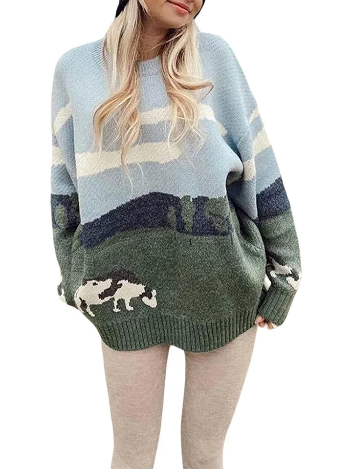 Cozy Cow Print Knitted Winter Sweater