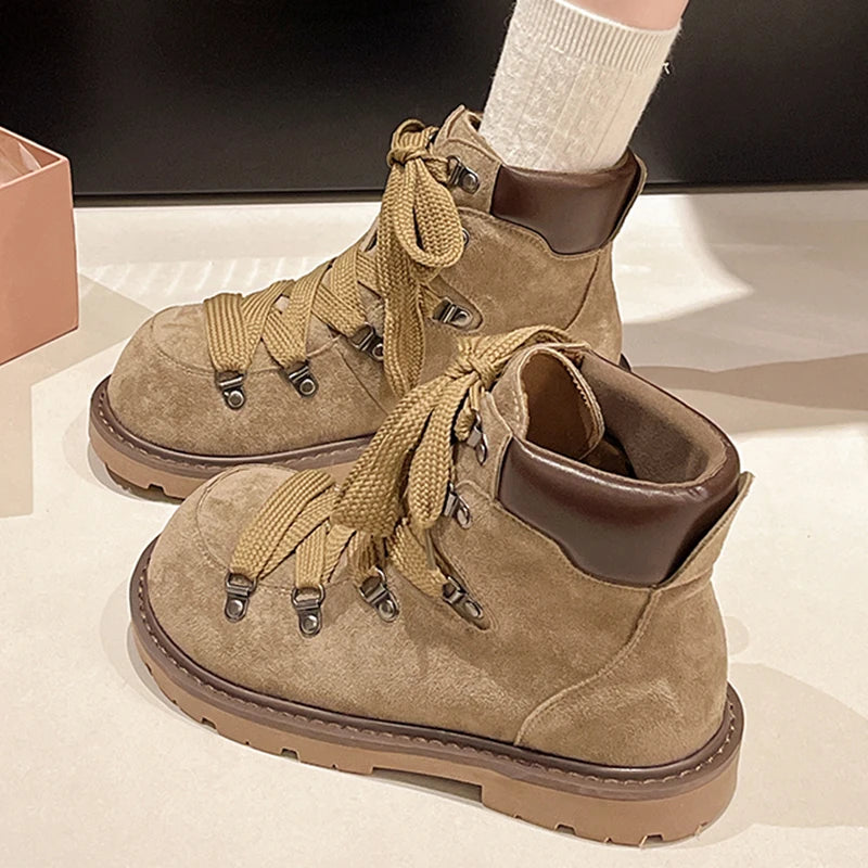 Lace Up Suede Western Platform Boots
