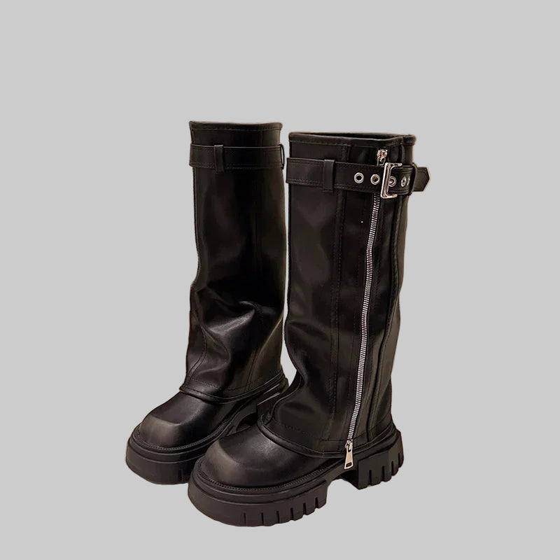 Platform Western Long Boots with Belt Buckle