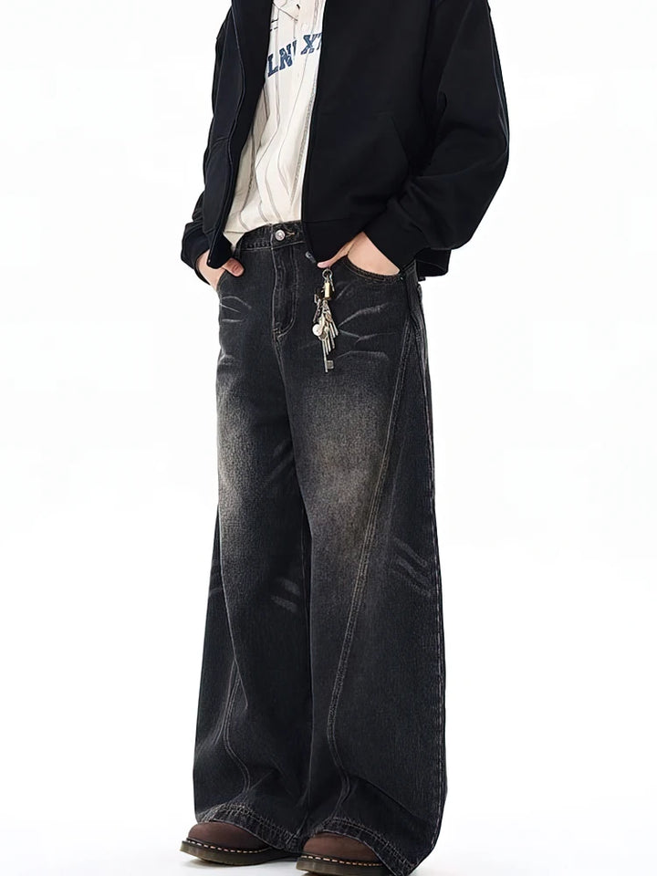 Retro Washed Curved Blade Baggy Wide-Leg Jeans