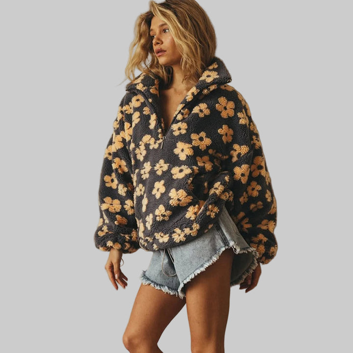 Floral Print Faux Lamb Wool Hoodie with Zipper Pocket