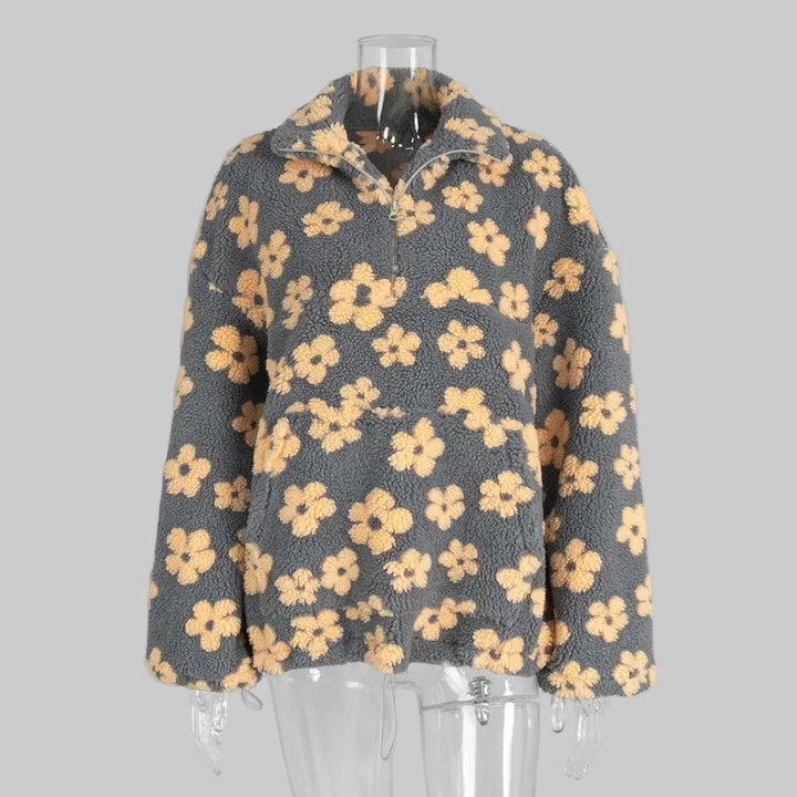 Floral Print Faux Lamb Wool Hoodie with Zipper Pocket