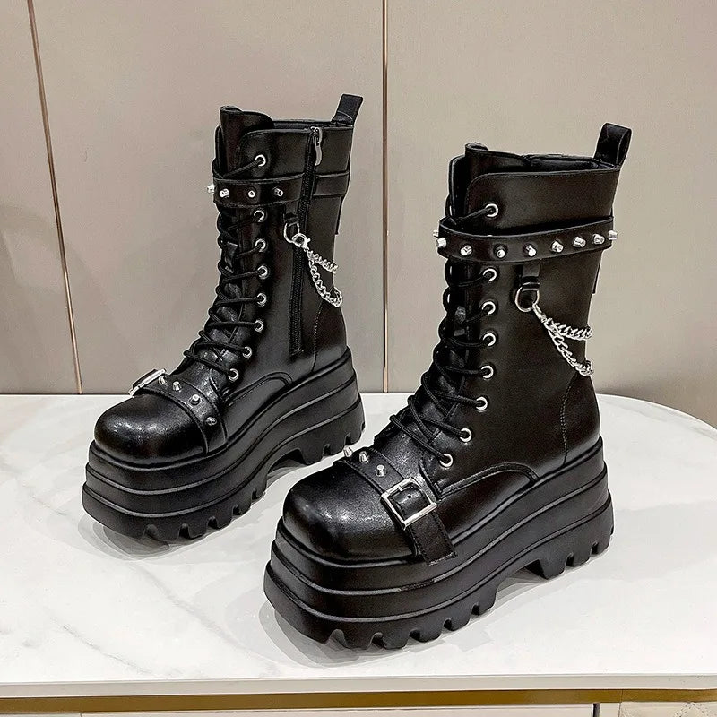 Thick Gothic Knee-High Platform Wedge Boots with Buckle