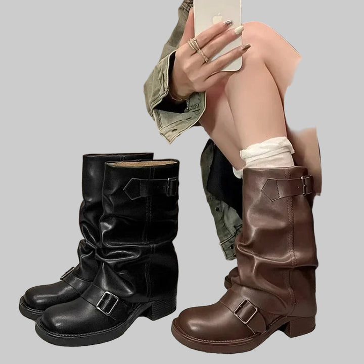 Mid-Calf Slip-On Retro Biker Boots