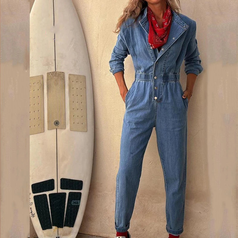 Retro Long Sleeve Slim-Fit Denim Jumpsuit
