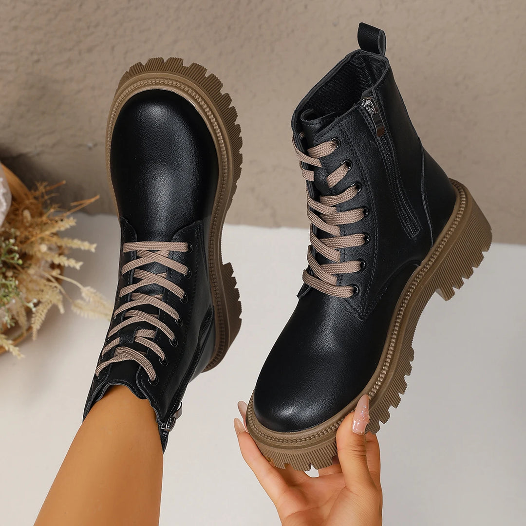 Solid Color Chunky Heel Side Zip Boots