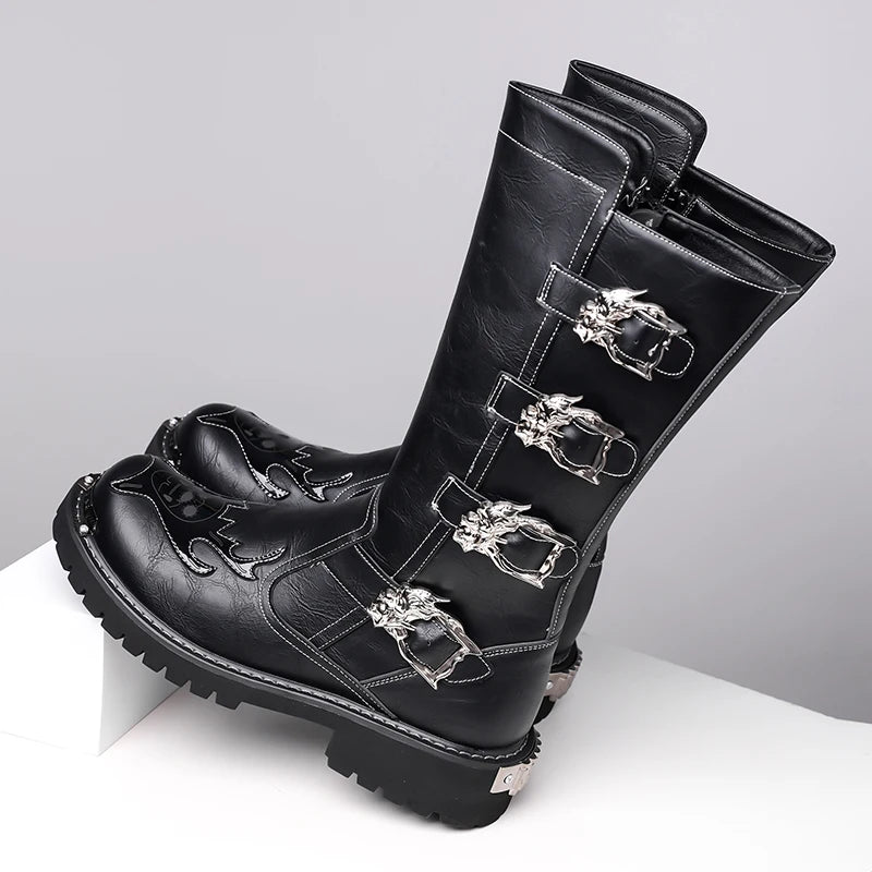 Mid-Calf Leather Motorcycle Boots