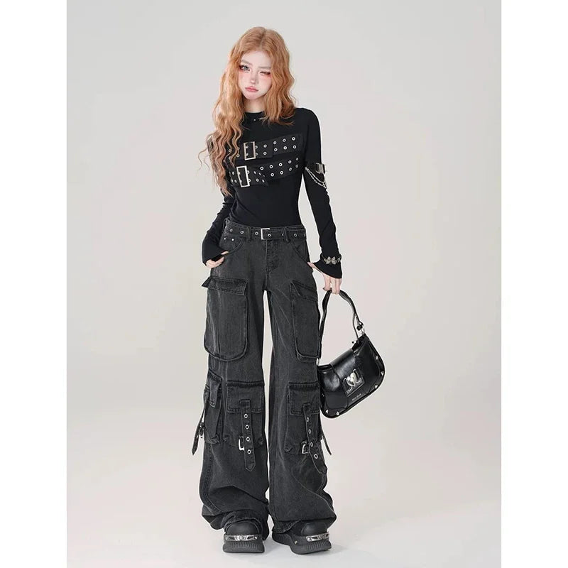 American Retro Multi-Pockets Cargo Jeans - Gothic