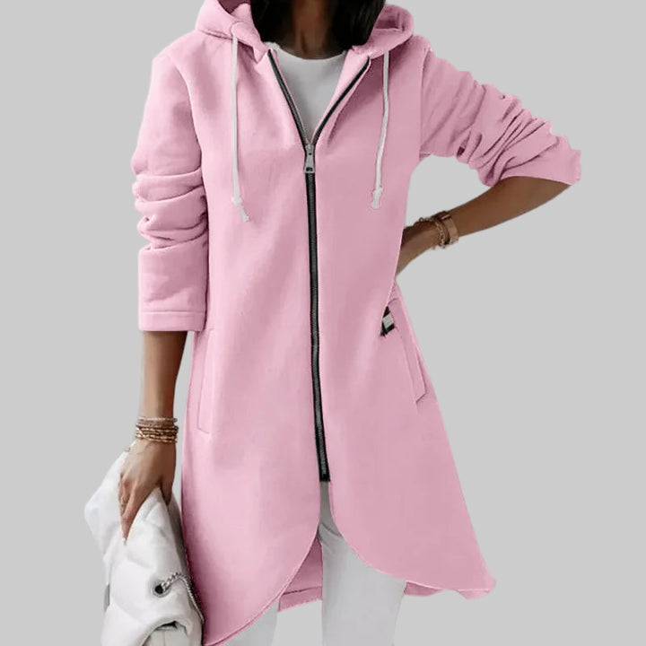 Long Hooded Zip-Up Solid Color Sweatshirt