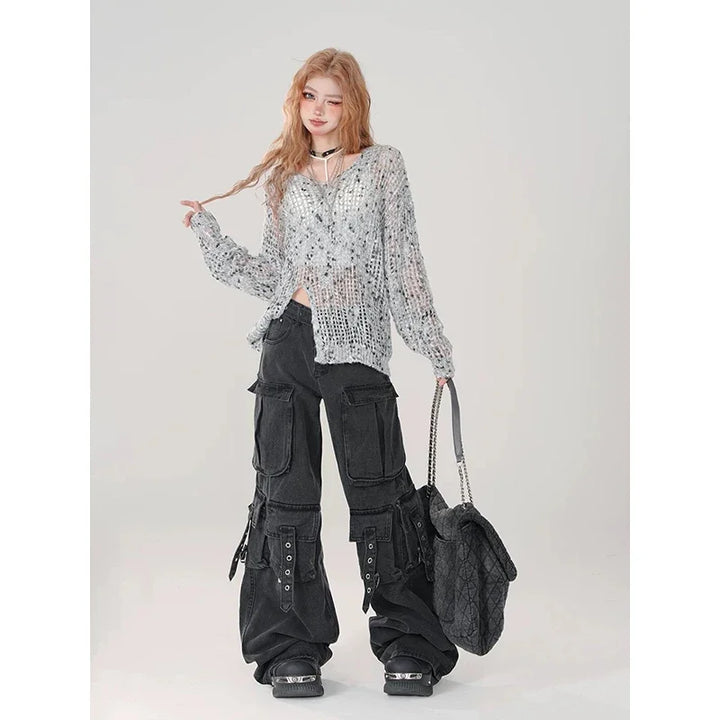American Retro Multi-Pockets Cargo Jeans - Gothic
