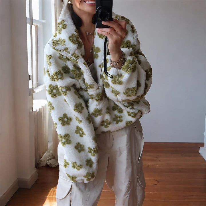 Floral Print Faux Lamb Wool Hoodie with Zipper Pocket