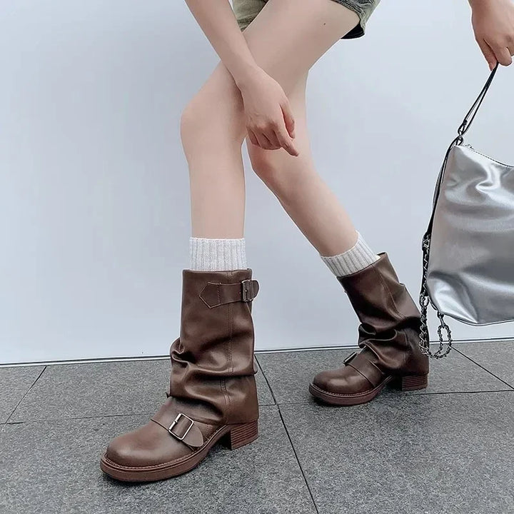Mid-Calf Slip-On Retro Biker Boots