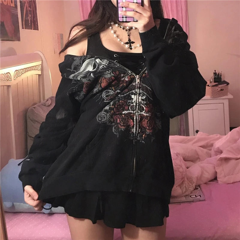 2000s Gothic Fairy Grunge Skull Graphic Oversized Hoodie