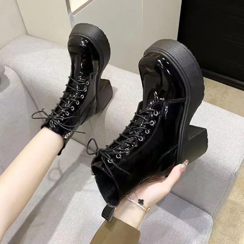 Soft Leather High Heel Waterproof Platform Boots