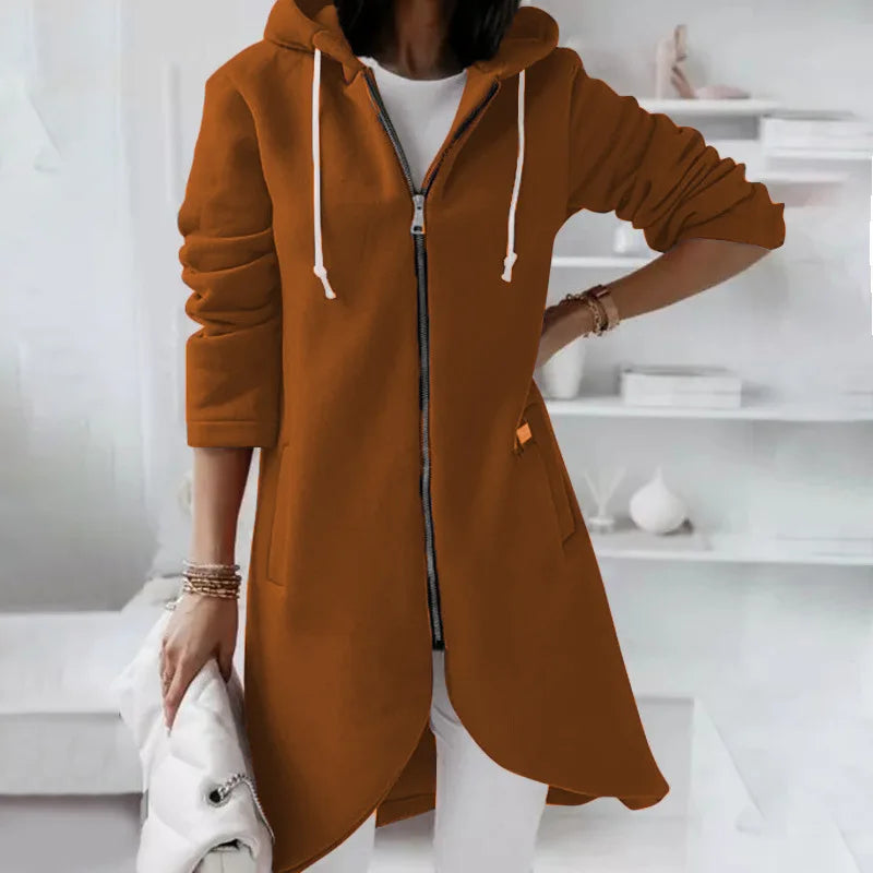 Long Hooded Zip-Up Solid Color Sweatshirt