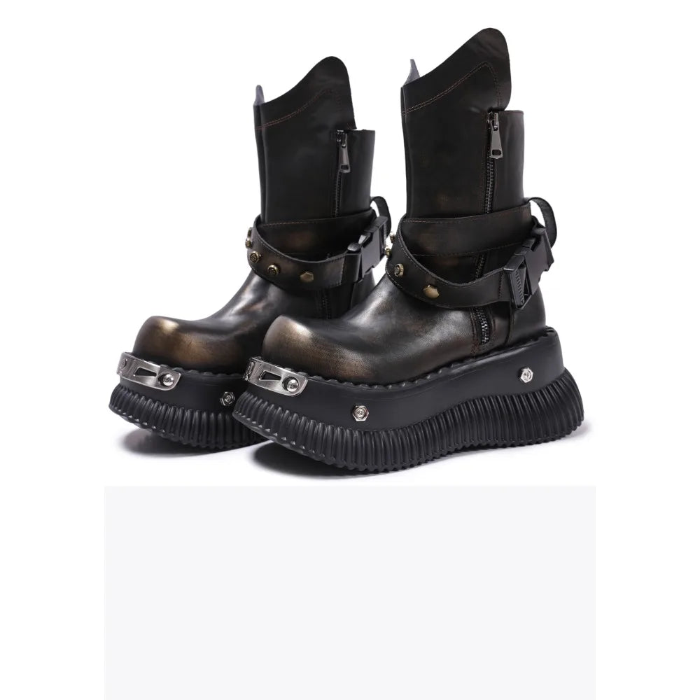 Authentic Leather Mid-Calf Motorcycle Boots with Buckle Strap
