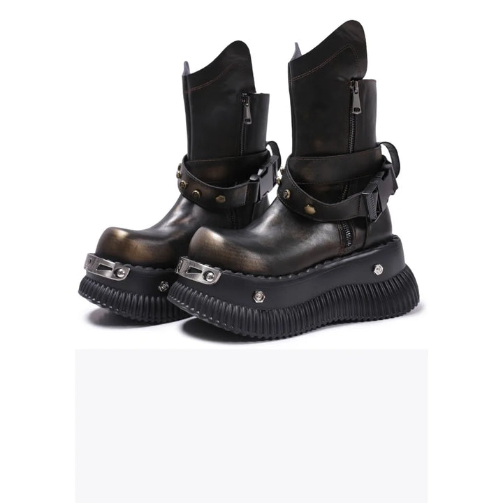 Authentic Leather Mid-Calf Motorcycle Boots with Buckle Strap