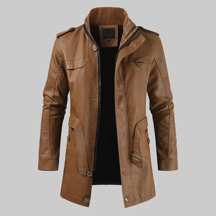 Mid-Length Detachable Hood Lightweight Plush Lined Leather Coat
