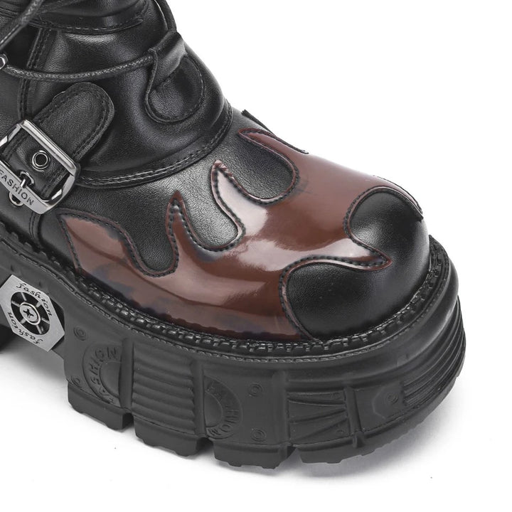 Punk Platform Belt Buckle Flame Boots